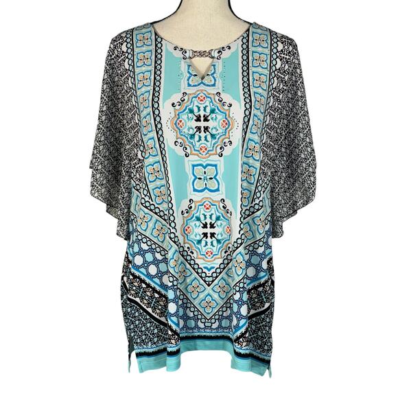 JM Collection Large Top Floral Stretch Keyhole Neck Flutter Sleeves Rhinestones - Picture 1 of 8